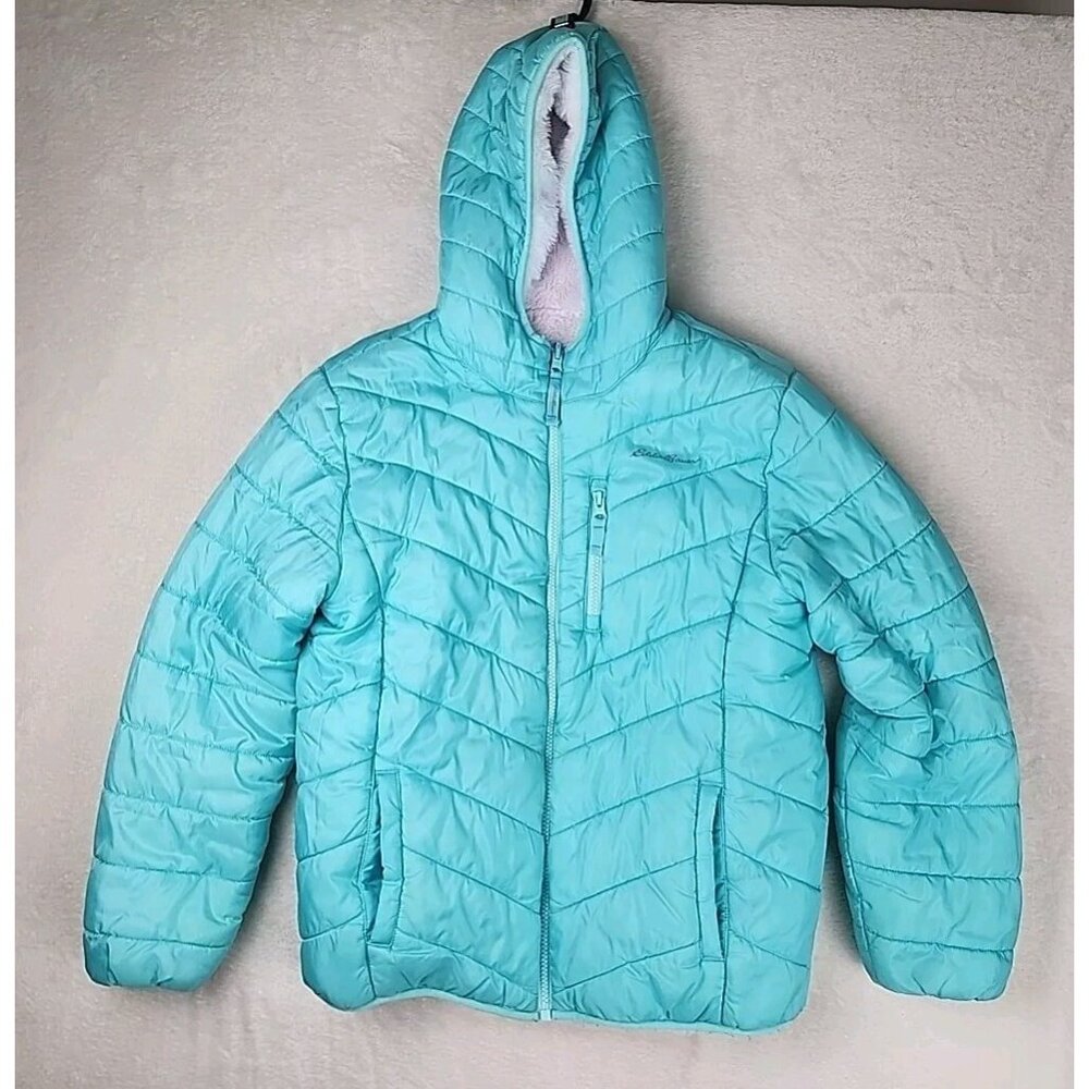 Eddie Bauer Girls Reversible Hooded Blue Jacket Puffer Pink Fleece Size 14-16 XL